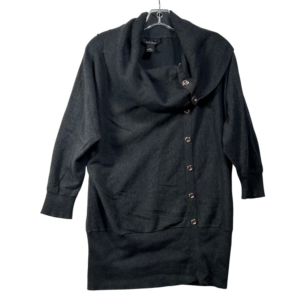 White House Black Market Gray Cowl Neck Asymmetrical Button‎ Tunic Sweater M